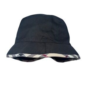 Burberry London Black Canvas Bucket Hat Nova Check Trim Size M Women